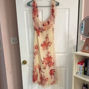 Zara Cream and Red Floral Midi Dress